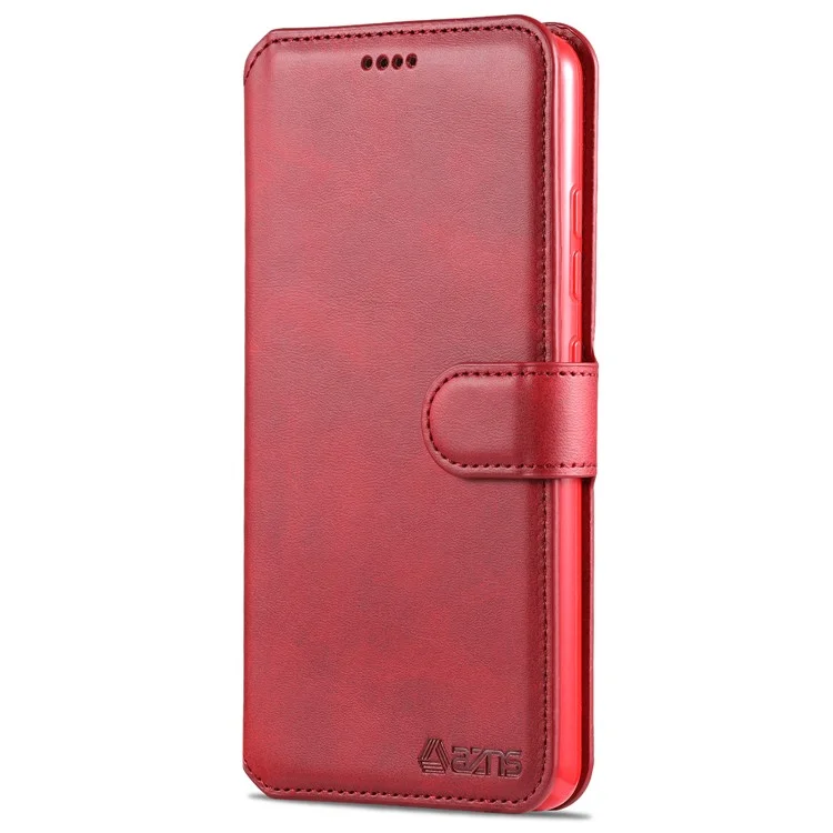 AZNS Wallet Design Leather Shell Phone Stand Cover Case for Samsung Galaxy A32 4G - Red