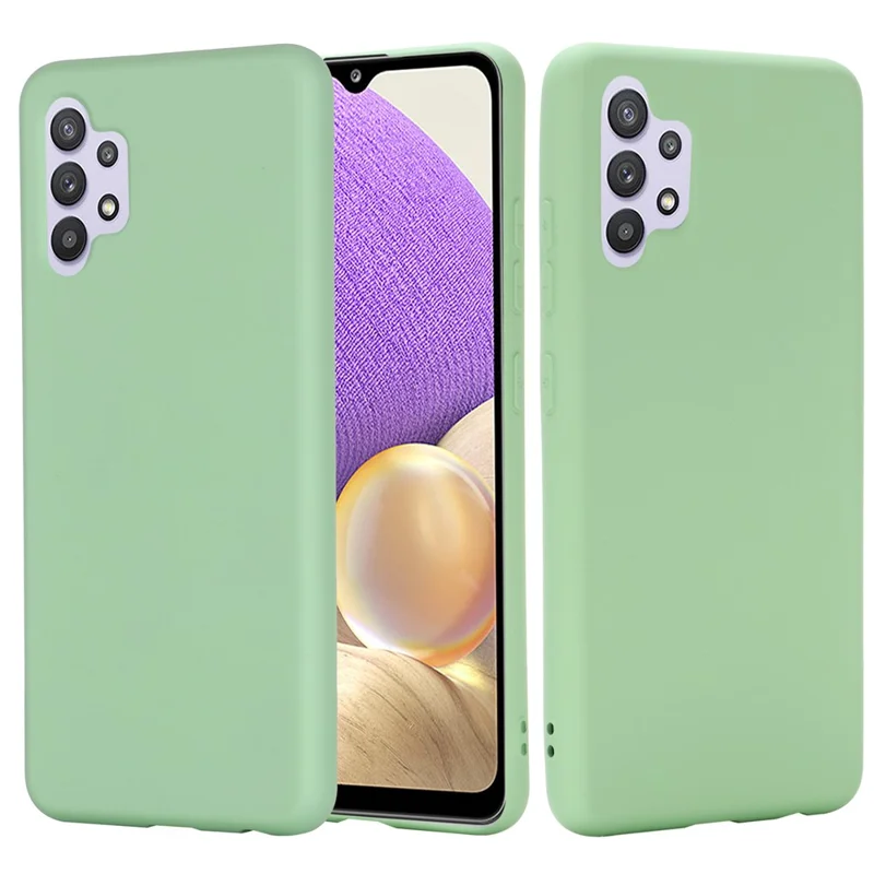 Goed Beschermd Effen Kleur Vloeibaar Silicone Telefoonhoesje met Bandje voor Samsung Galaxy A32 4G - Groen