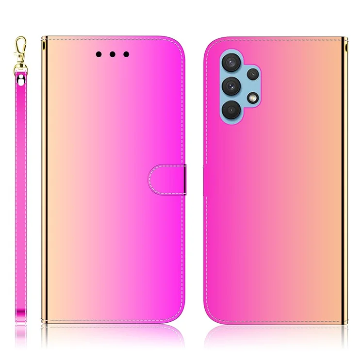 Well-Protected Wallet Stand Design Mirror-like Surface Leather Case with Wrist Strap for Samsung Galaxy A32 4G (EU Version) - Rose