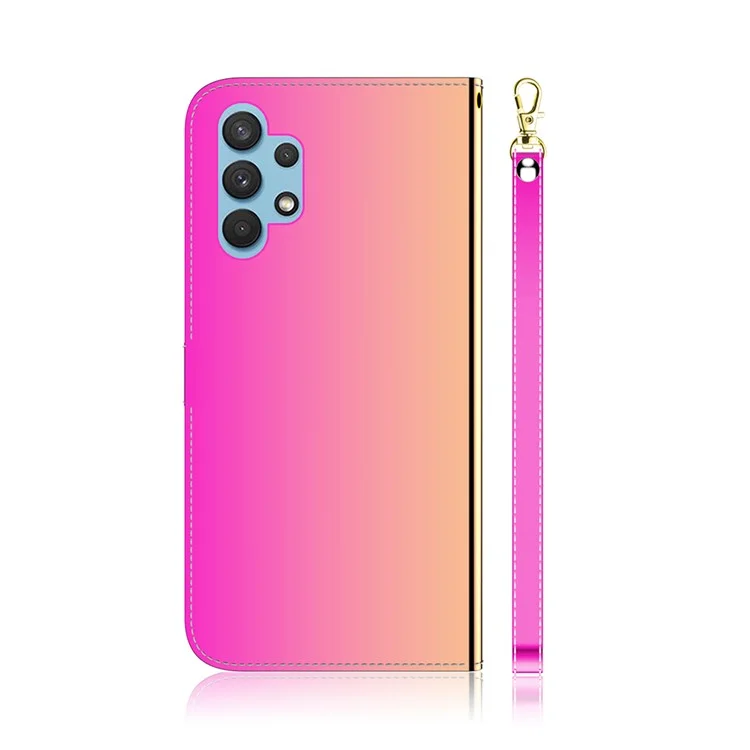 Well-Protected Wallet Stand Design Mirror-like Surface Leather Case with Wrist Strap for Samsung Galaxy A32 4G (EU Version) - Rose
