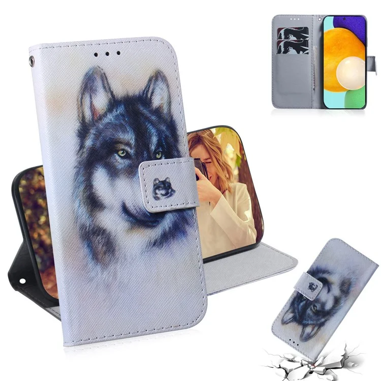 Padrão Printing Wallet Design Case de Casca de Couro Para Samsung Galaxy A52 4G/5G / A52s 5G - Lobo