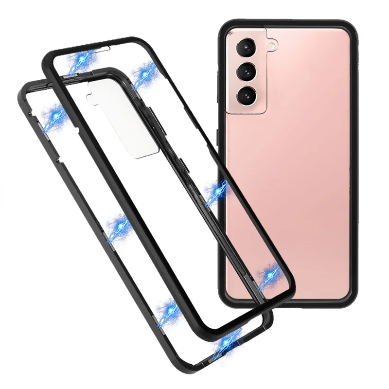 Vollkörperschutzhülle für Samsung Galaxy S21 5G / 4G, magnetische Panzerglas-Hülle, doppelseitig – Schwarz