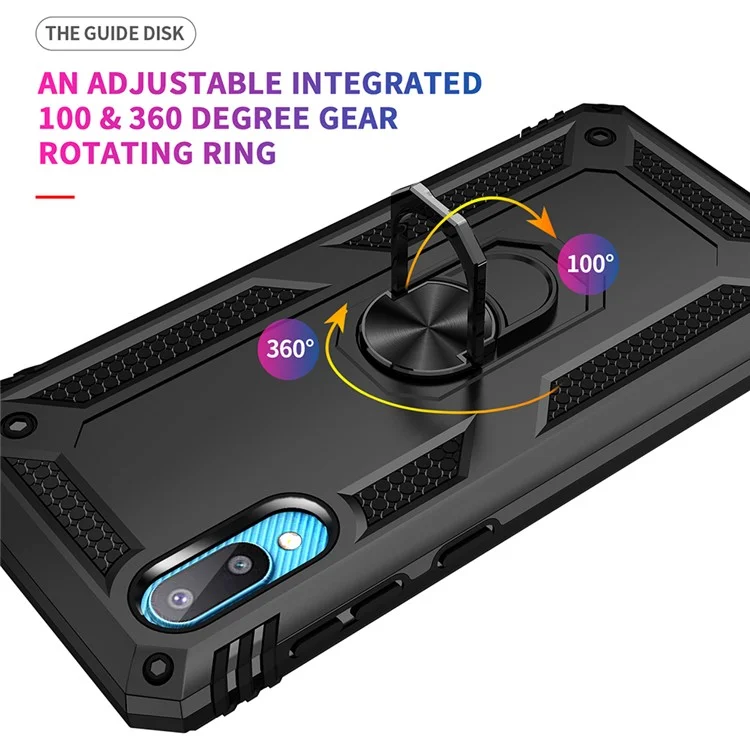 Anti-Fall Mobile Phone Hybrid PC + TPU + Metal Case Cover with Finger Ring Kickstand for Samsung Galaxy M02 / A02 - Black
