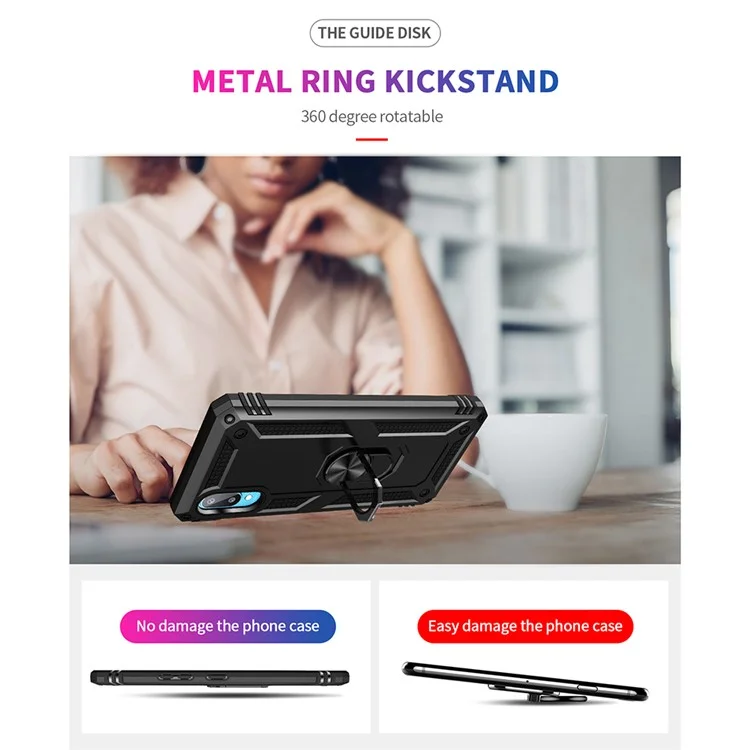 Anti-Fall Mobile Phone Hybrid PC + TPU + Metal Case Cover with Finger Ring Kickstand for Samsung Galaxy M02 / A02 - Black