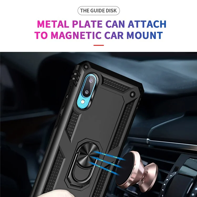 Anti-Fall Mobile Phone Hybrid PC + TPU + Metal Case Cover with Finger Ring Kickstand for Samsung Galaxy M02 / A02 - Black