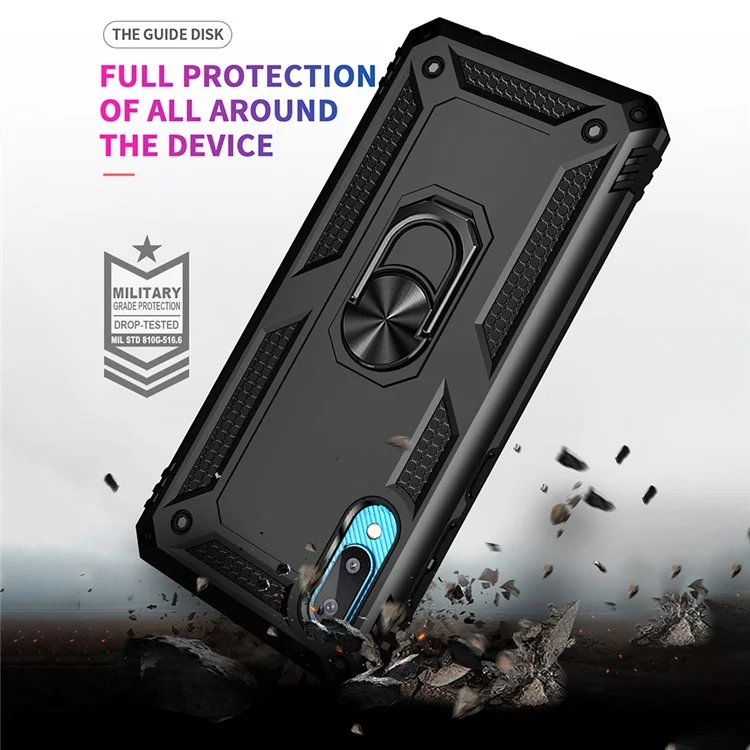 Anti-Fall Mobile Phone Hybrid PC + TPU + Metal Case Cover with Finger Ring Kickstand for Samsung Galaxy M02 / A02 - Black