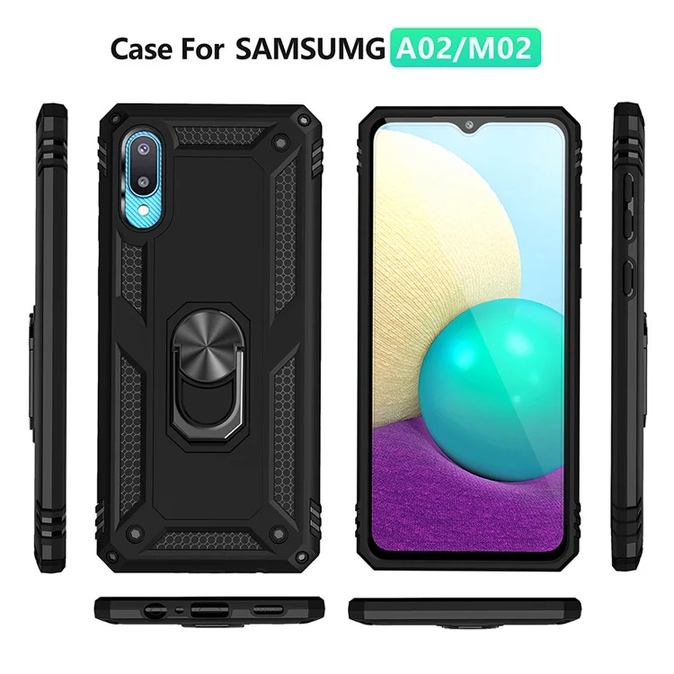 Anti-Fall Mobile Phone Hybrid PC + TPU + Metal Case Cover with Finger Ring Kickstand for Samsung Galaxy M02 / A02 - Black