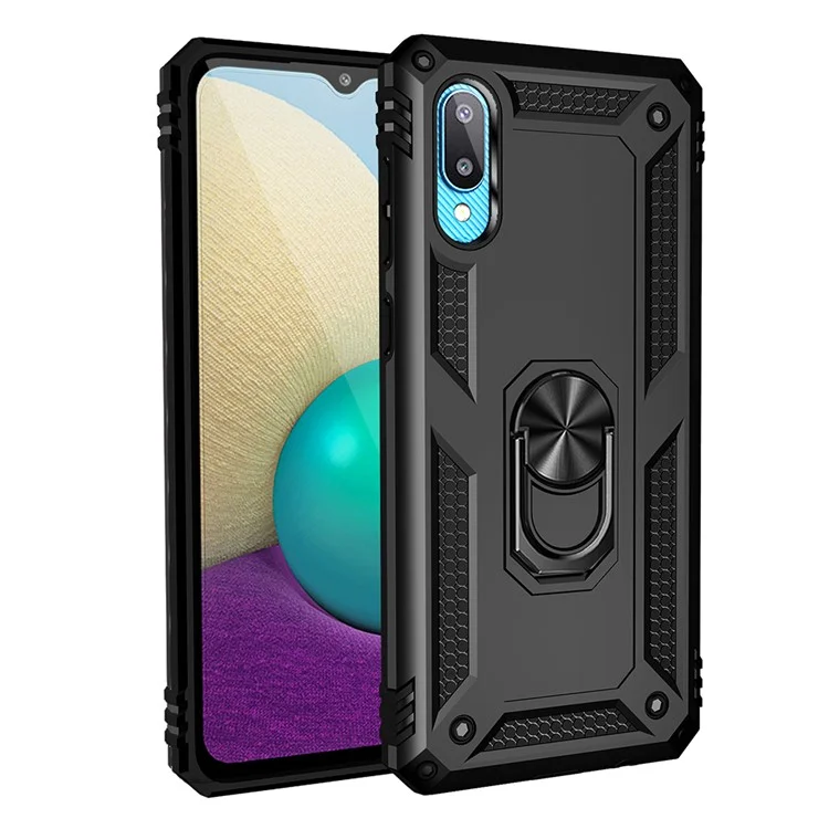 Anti-Fall Mobile Phone Hybrid PC + TPU + Metal Case Cover with Finger Ring Kickstand for Samsung Galaxy M02 / A02 - Black