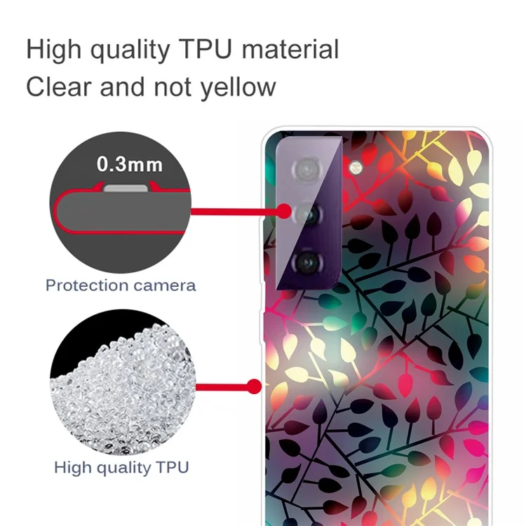 Pattern Printing Transparent Background TPU Phone Cover Case for Samsung Galaxy S21 FE - Black Leaf Pattern