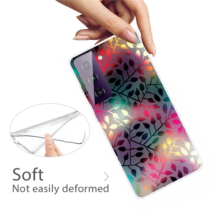 Pattern Printing Transparent Background TPU Phone Cover Case for Samsung Galaxy S21 FE - Black Leaf Pattern
