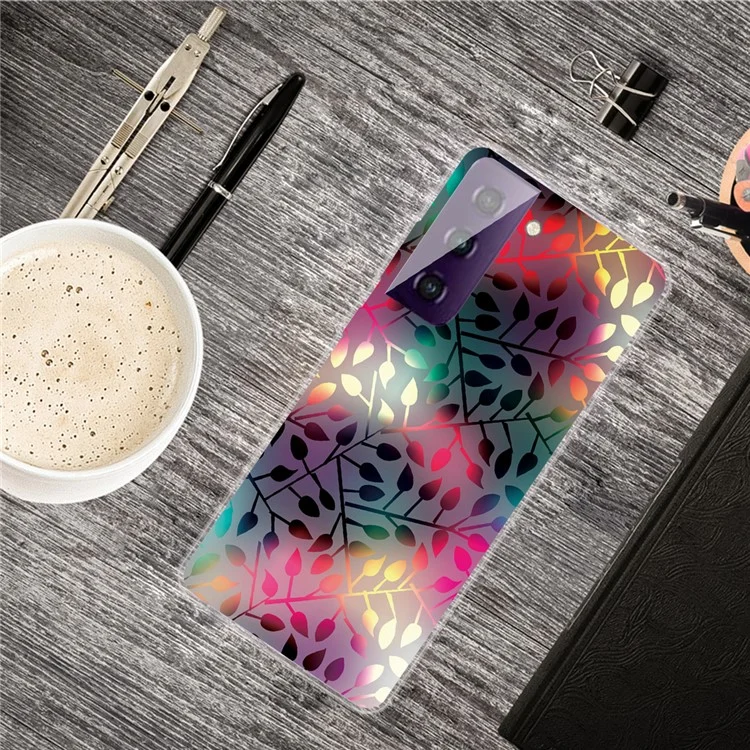 Pattern Printing Transparent Background TPU Phone Cover Case for Samsung Galaxy S21 FE - Black Leaf Pattern