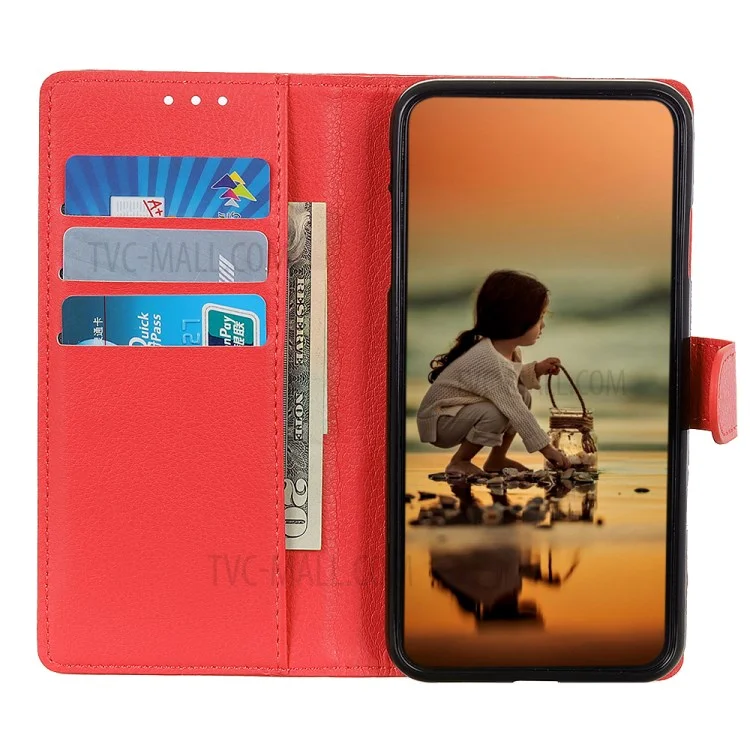 Classic Litchi Texture PU Leather Wallet Phone Stand Case per Samsung Galaxy S21 FE - Rosso