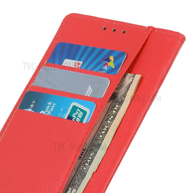 Classic Litchi Texture PU Leather Wallet Phone Stand Case per Samsung Galaxy S21 FE - Rosso
