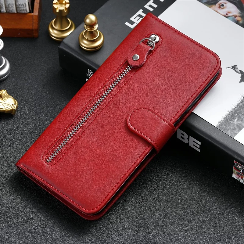 Zipper Pocket Leather Protector Wallet Stand Case for Samsung Galaxy M02/A02 - Red