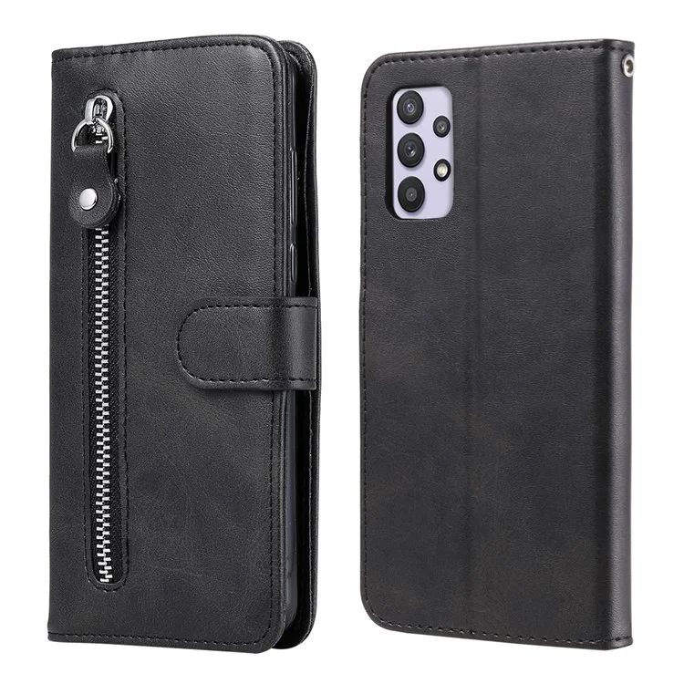 Zipper Pocket Wallet Leather Stand Phone Case Cover for Samsung Galaxy A32 4G (EU Version) - Black