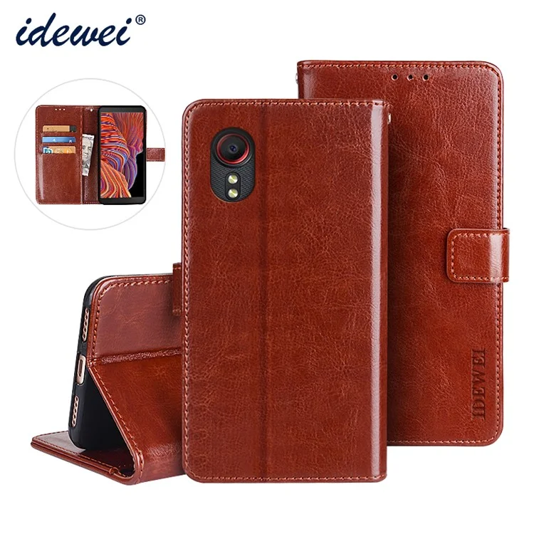 Idewei Folio Flip Crazy Horse Texture Carcasa Móvil De Cuero Con Soporte De Billetera Para Samsung Galaxy Xcover 5 - Marrón