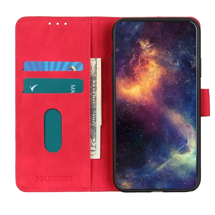 KHAZNEH Vintage Style Leather Wallet Stand Phone Casing for Samsung Galaxy S21 FE - Rouge