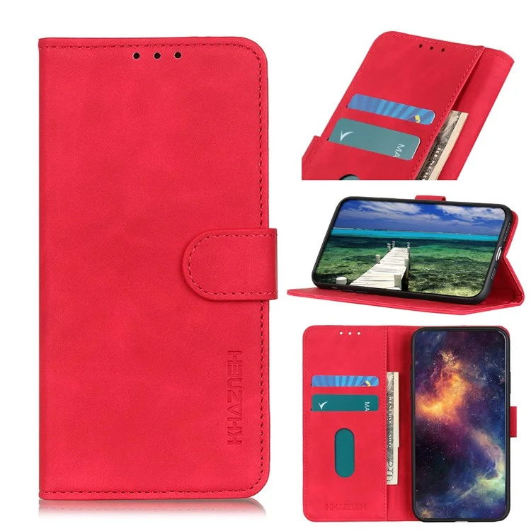 KHAZNEH Vintage Style Leather Wallet Stand Phone Casing for Samsung Galaxy S21 FE - Rouge