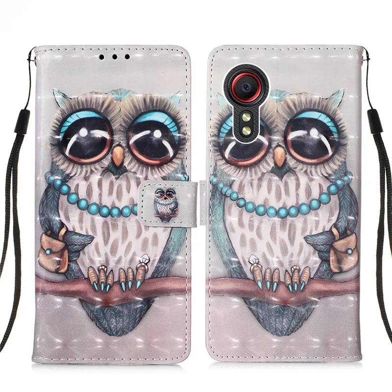 Lanyard Design Leather Phone Pattern Printing Design Case with Wallet Stand for Samsung Galaxy Xcover 5 - Owl