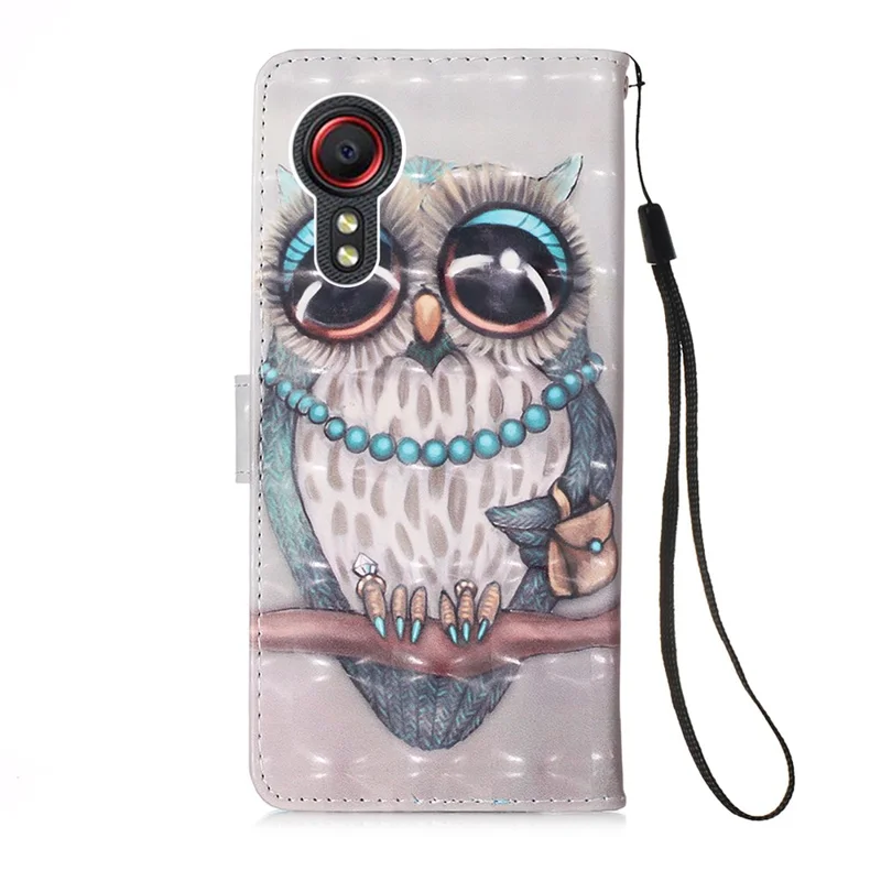 Lanyard Design Leather Phone Pattern Printing Design Case with Wallet Stand for Samsung Galaxy Xcover 5 - Owl