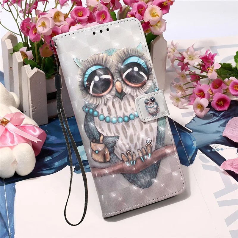 Lanyard Design Leather Phone Pattern Printing Design Case with Wallet Stand for Samsung Galaxy Xcover 5 - Owl