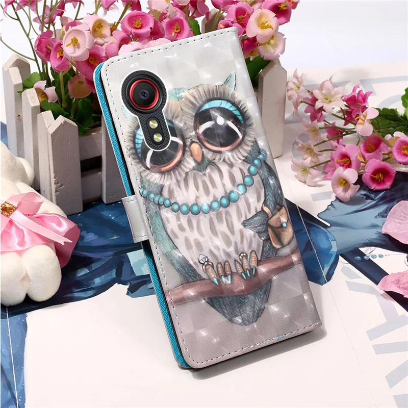 Lanyard Design Leather Phone Pattern Printing Design Case with Wallet Stand for Samsung Galaxy Xcover 5 - Owl