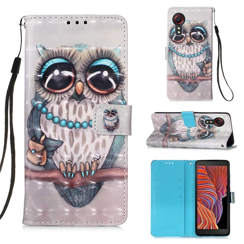 Lanyard Design Leather Phone Pattern Printing Design Case with Wallet Stand for Samsung Galaxy Xcover 5 - Owl