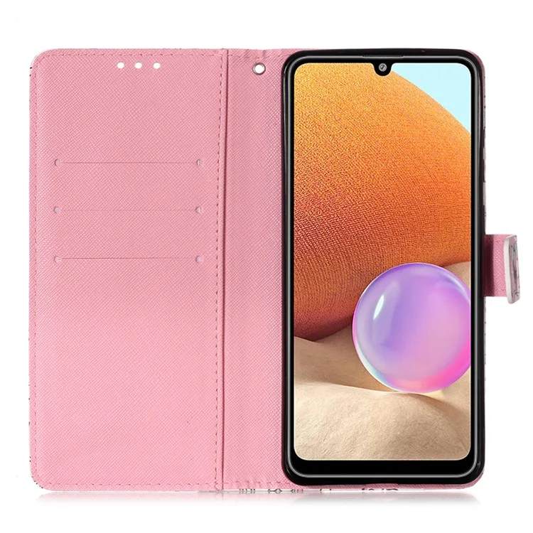 Motif Imprimerie Conception en Cuir Portefeuille Support de Téléphone Avec Longe Pour Samsung Galaxy A32 4G (version Ue) - Papillon Rose