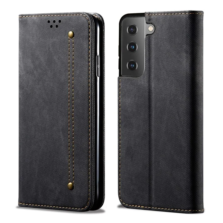 Jeans Cloth Texture Leather Wallet Stand Case for Samsung Galaxy S21 FE - Black