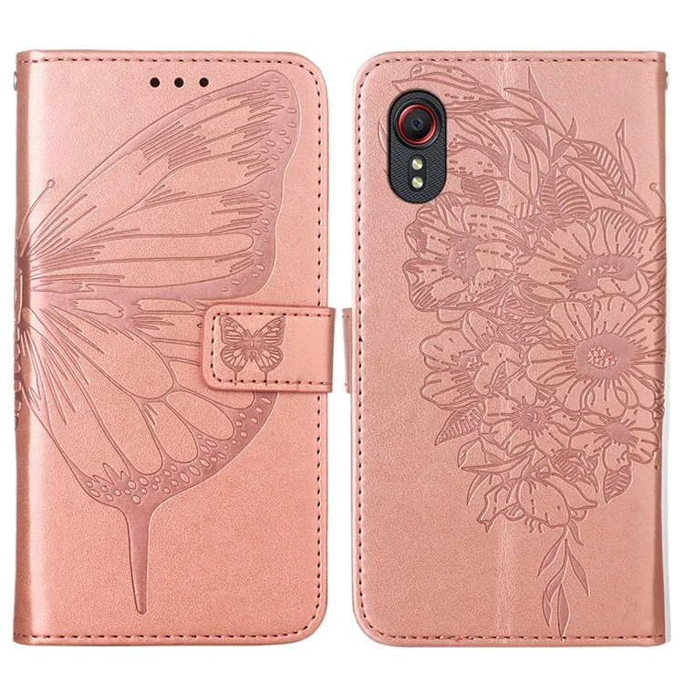 Funda de Cuero con Soporte y Cartera con Estampado de Mariposas y Flores para Samsung Galaxy Xcover 5 - Oro Rosa 
