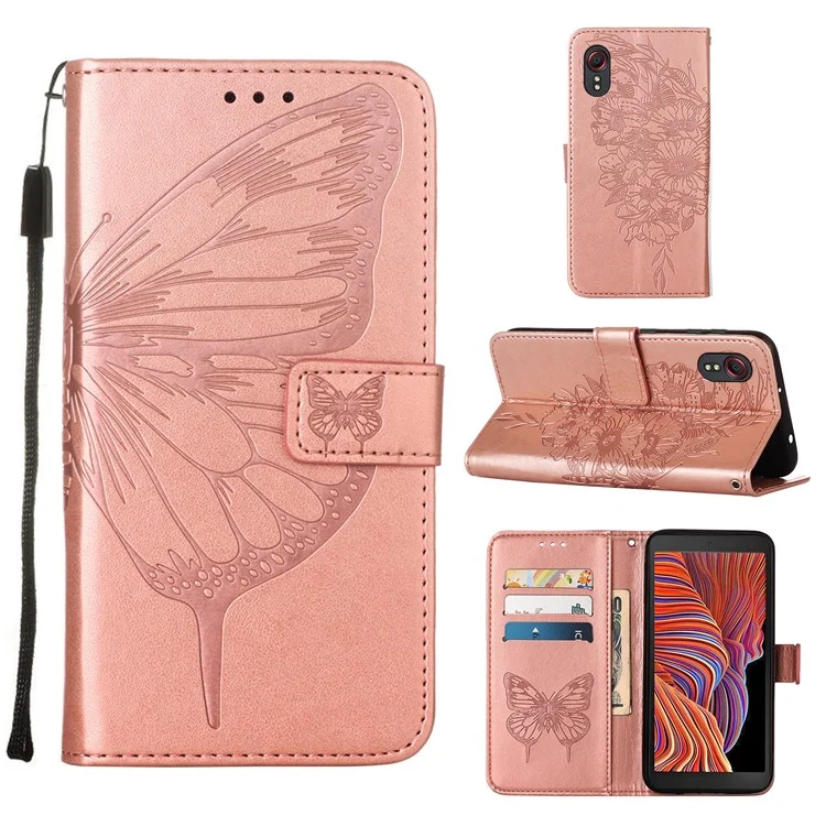 Funda de Cuero con Soporte y Cartera con Estampado de Mariposas y Flores para Samsung Galaxy Xcover 5 - Oro Rosa 