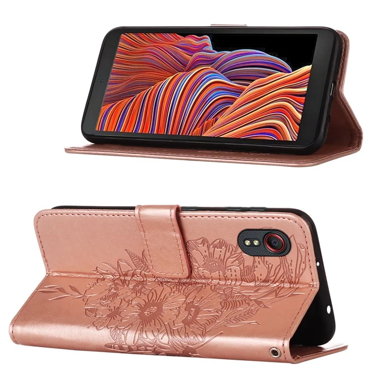 Funda de Cuero con Soporte y Cartera con Estampado de Mariposas y Flores para Samsung Galaxy Xcover 5 - Oro Rosa 