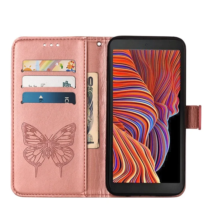 Funda de Cuero con Soporte y Cartera con Estampado de Mariposas y Flores para Samsung Galaxy Xcover 5 - Oro Rosa 