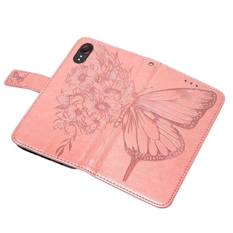 Funda de Cuero con Soporte y Cartera con Estampado de Mariposas y Flores para Samsung Galaxy Xcover 5 - Oro Rosa 