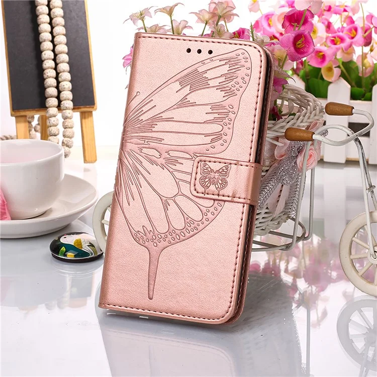 Funda de Cuero con Soporte y Cartera con Estampado de Mariposas y Flores para Samsung Galaxy Xcover 5 - Oro Rosa 