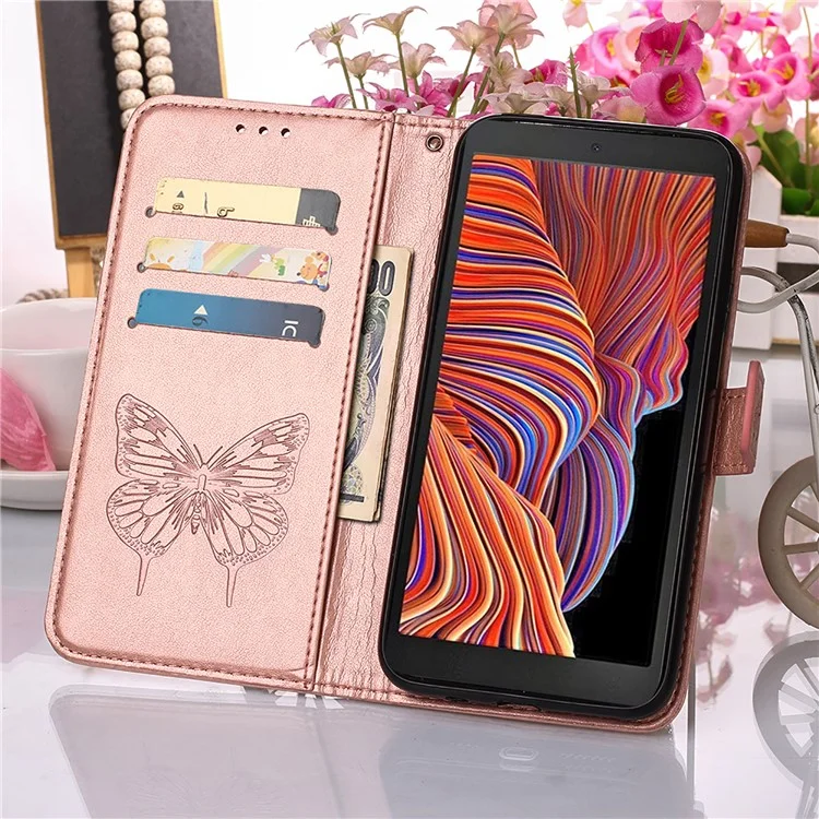 Funda de Cuero con Soporte y Cartera con Estampado de Mariposas y Flores para Samsung Galaxy Xcover 5 - Oro Rosa 