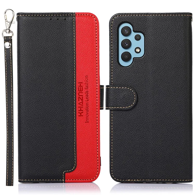 KHAZNEH RFID Blocking Anti-theft Swiping Function Litchi Skin Leather Phone Shell Case per Samsung Galaxy A32 4G (Versione EU) - Nero