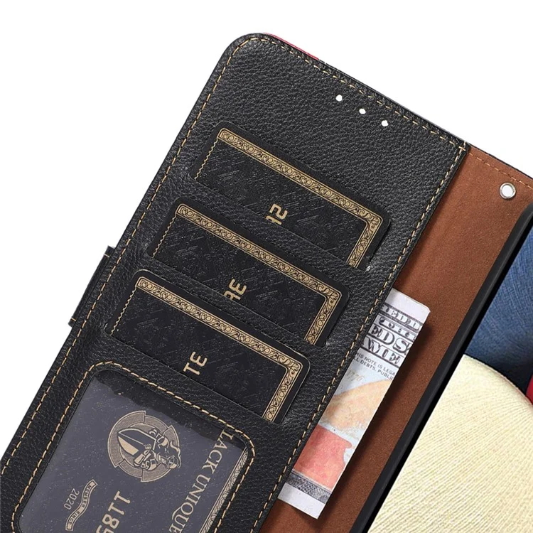 KHAZNEH Litchi Skin RFID Blocking Anti-theft Swiping Function Leather Phone Case Cover for Samsung Galaxy S21 FE - Black