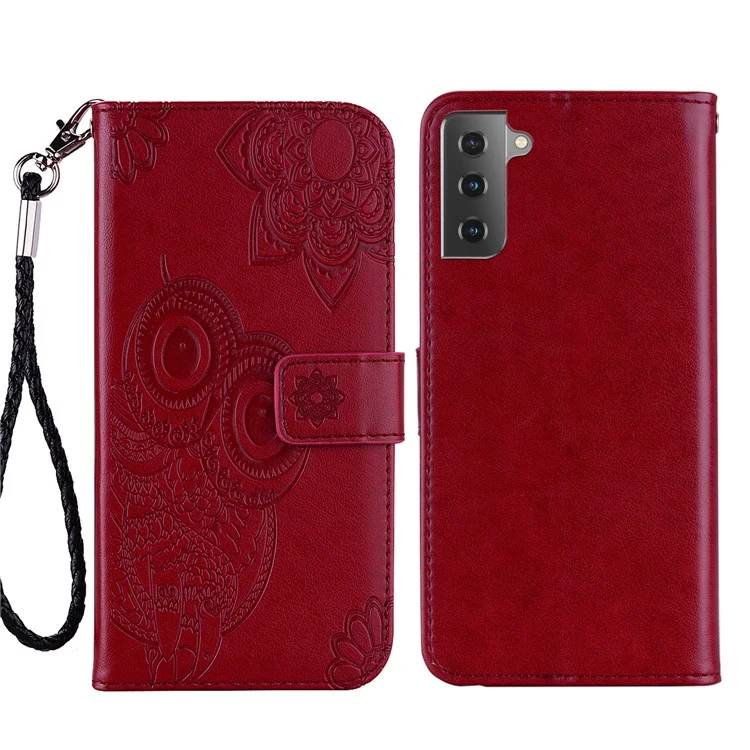 Imprint Owl Flower Leather Wallet Stand Phone Case for Samsung Galaxy S21 FE - Red