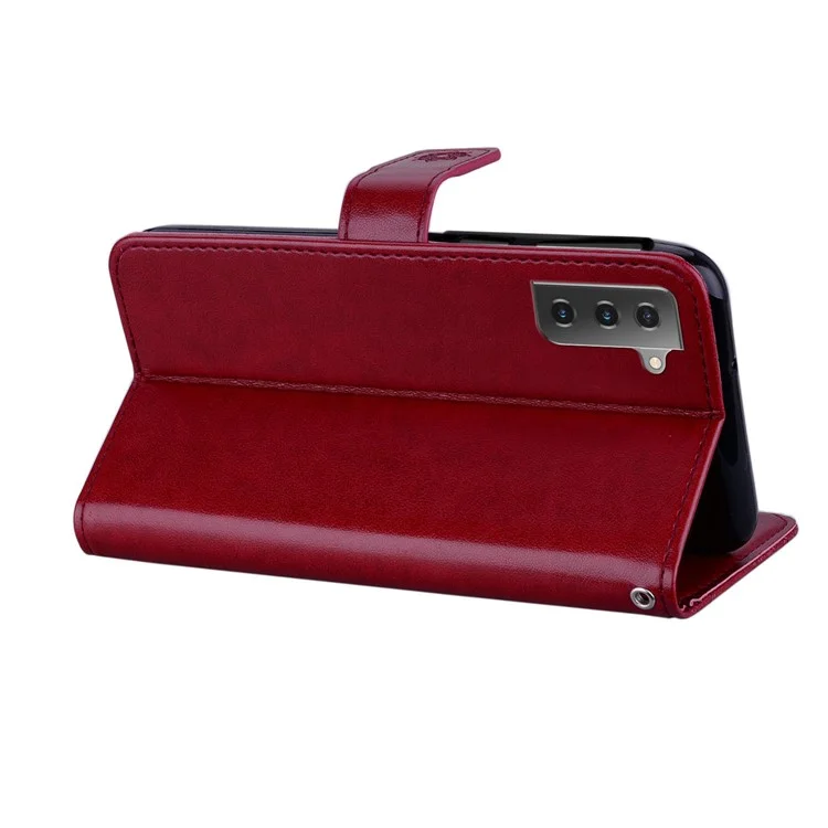 Imprint Owl Flower Leather Wallet Stand Phone Case for Samsung Galaxy S21 FE - Red