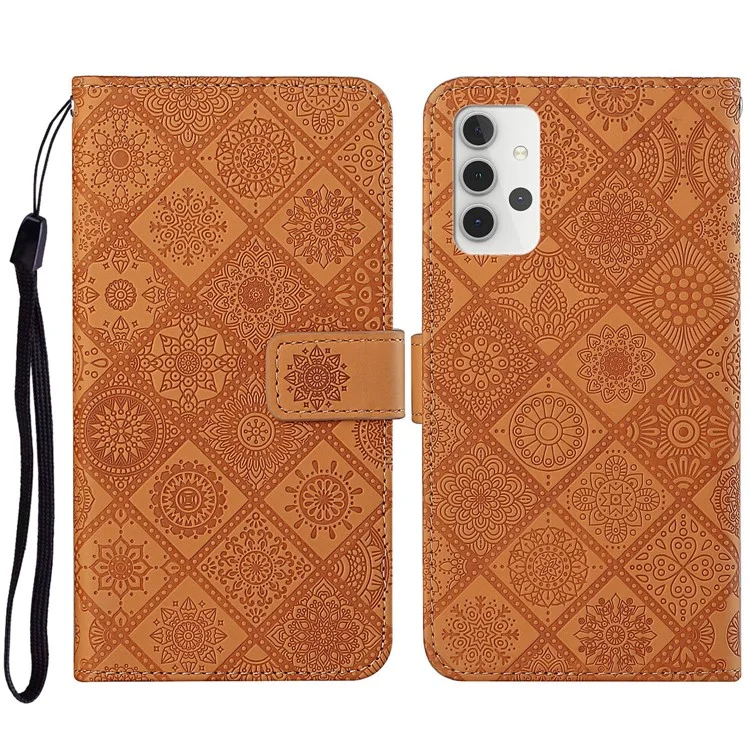 Per Samsung Galaxy A32 5G/M32 5G Flasp Wortet Flower Bascing Exprinted Case Con Cinturino - Marrone