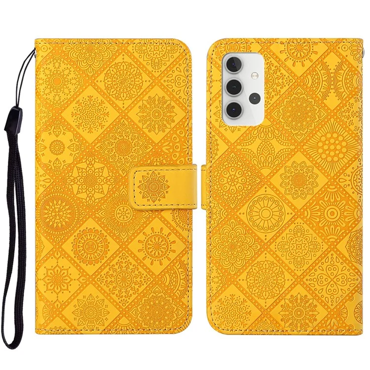 Para Samsung Galaxy A32 5G/M32 5G Magnet Curo de Flores Imprimido Floket de Cuero Con Correa - Amarillo