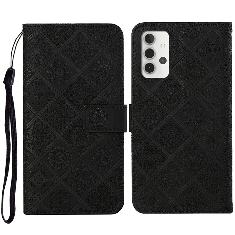 For Samsung Galaxy A32 5G/M32 5G Magnet Clasp Imprinted Flower Wallet Leather Case with Strap - Black