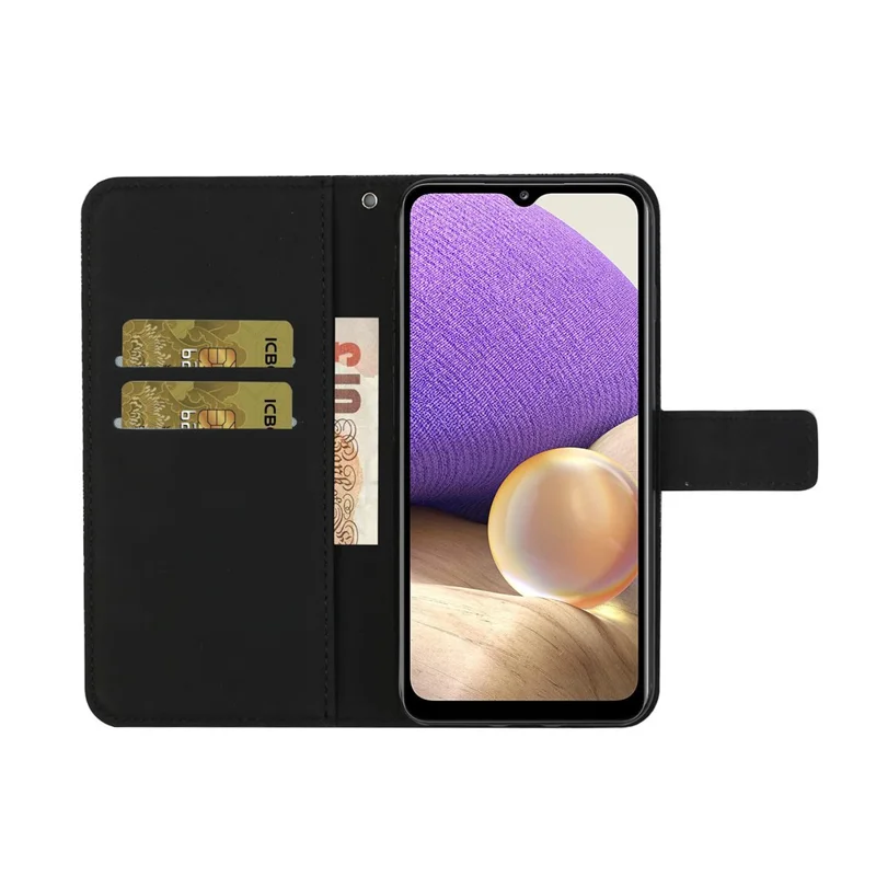 For Samsung Galaxy A32 5G/M32 5G Magnet Clasp Imprinted Flower Wallet Leather Case with Strap - Black