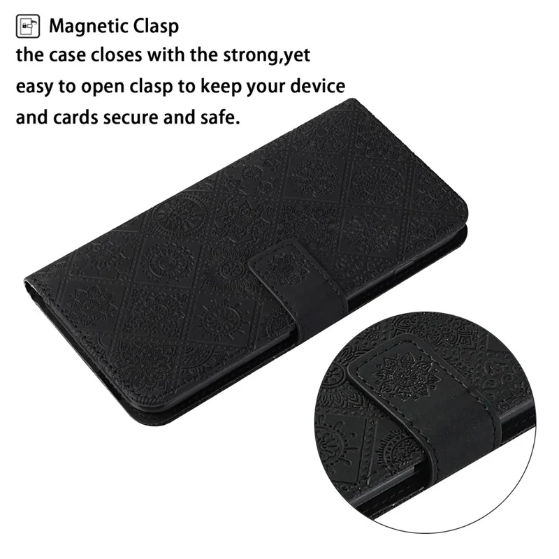 For Samsung Galaxy A32 5G/M32 5G Magnet Clasp Imprinted Flower Wallet Leather Case with Strap - Black