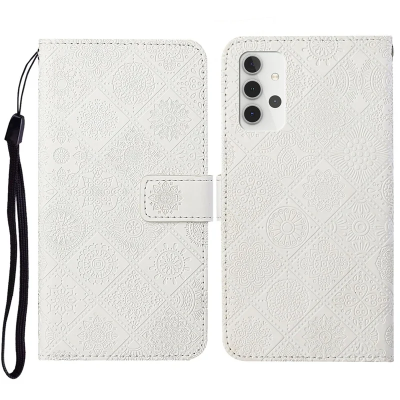For Samsung Galaxy A32 5G/M32 5G Magnet Clasp Imprinted Flower Wallet Leather Case with Strap - White