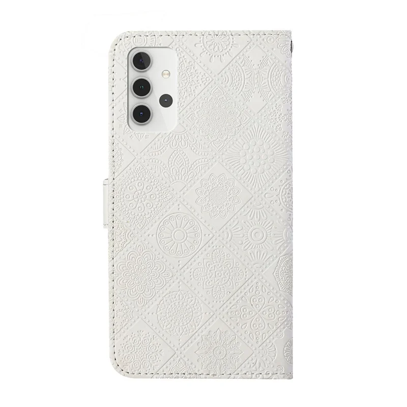 For Samsung Galaxy A32 5G/M32 5G Magnet Clasp Imprinted Flower Wallet Leather Case with Strap - White