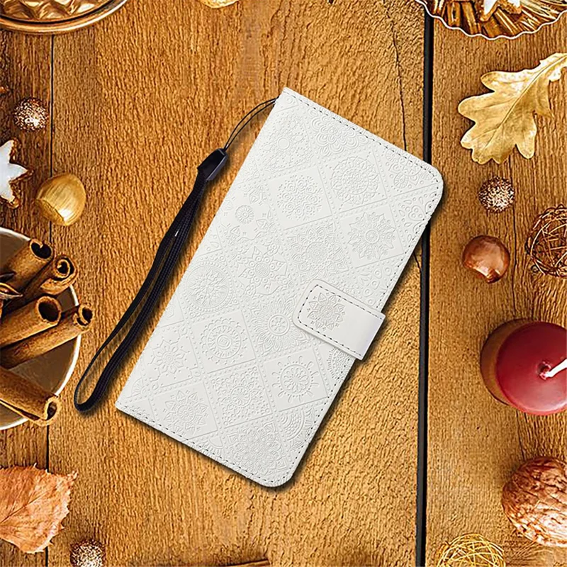 For Samsung Galaxy A32 5G/M32 5G Magnet Clasp Imprinted Flower Wallet Leather Case with Strap - White