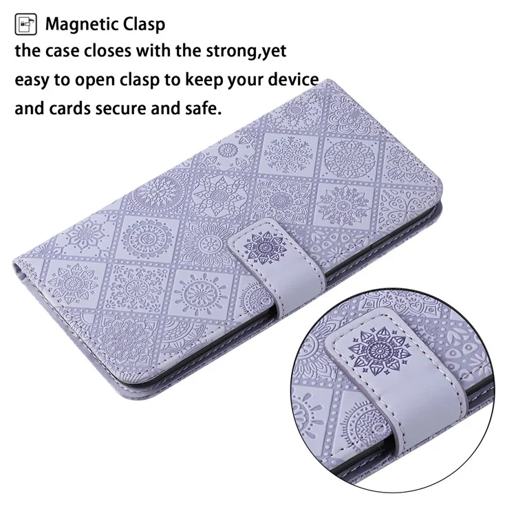 For Samsung Galaxy A32 5G/M32 5G Magnet Clasp Imprinted Flower Wallet Leather Case with Strap - Purple