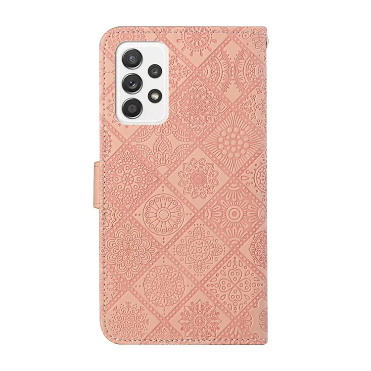 For Samsung Galaxy A52 5G/4G / A52s 5G Magnet Clasp Imprinted Flower Wallet Leather Case with Strap - Pink